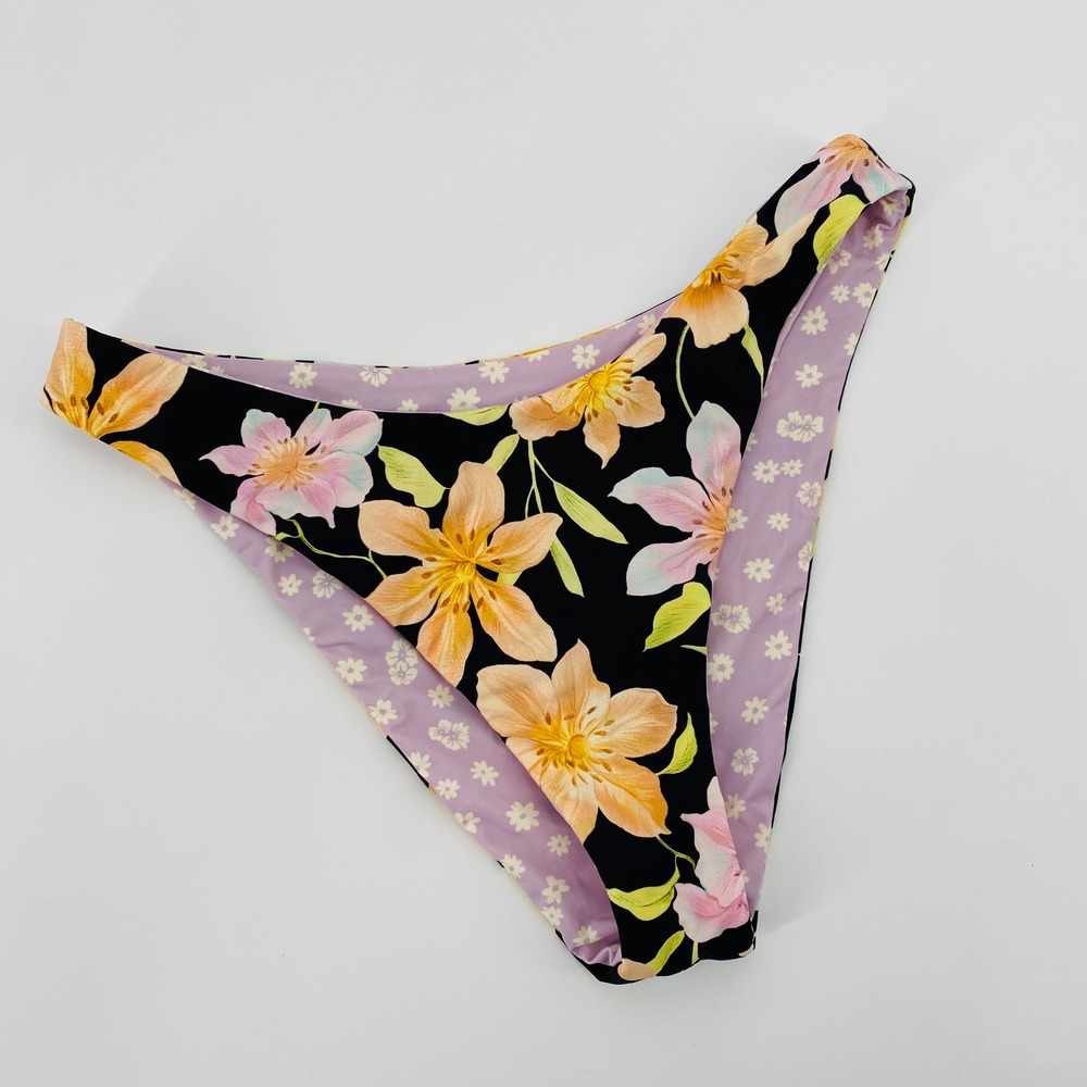 Billabong Bikini Bottoms Womens Medium Black Purple Reversible Floral High Leg